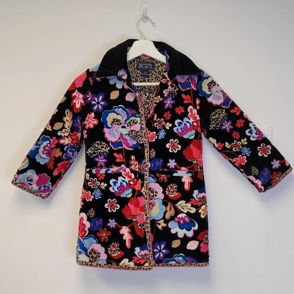Children' Place Black Multicolored Floral Velvet Peacoat Leopard Details S 5/6